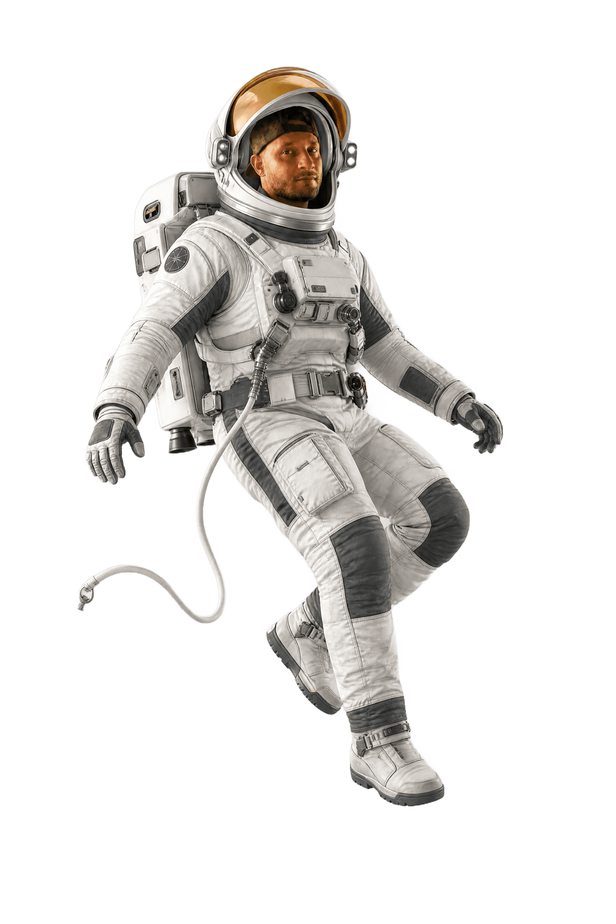 Vlasto as an astronaut floating weightless in a white EVA suit, gold visor raised