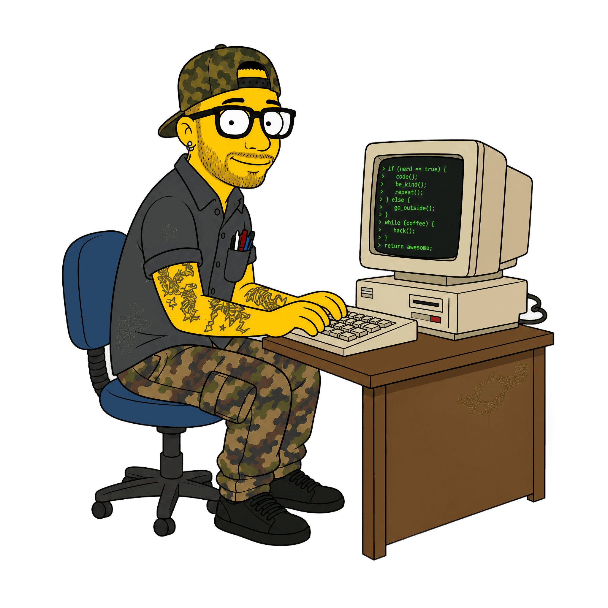 Vlasto drawn as a yellow cartoon nerd with a backwards cap, thick glasses and a pocket protector, happily typing code on a chunky retro computer