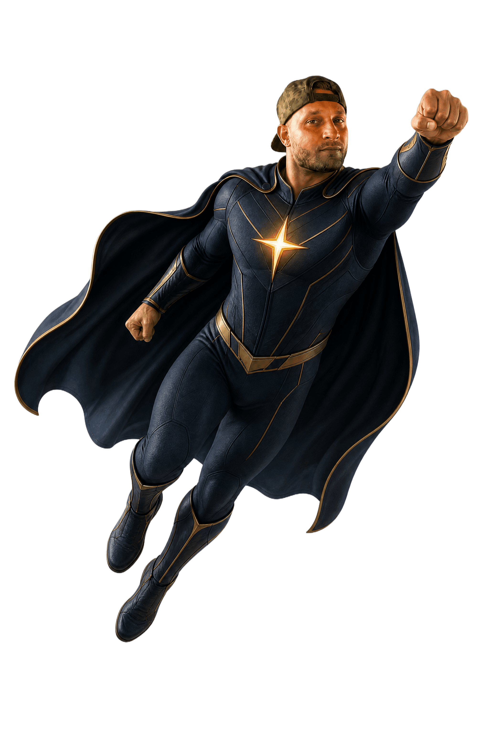 Vlasto as an original superhero in a deep indigo suit with a gold star emblem, flying forward with his cape billowing