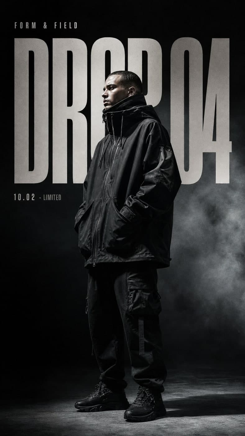 Moody streetwear drop poster, hard side light and kinetic type