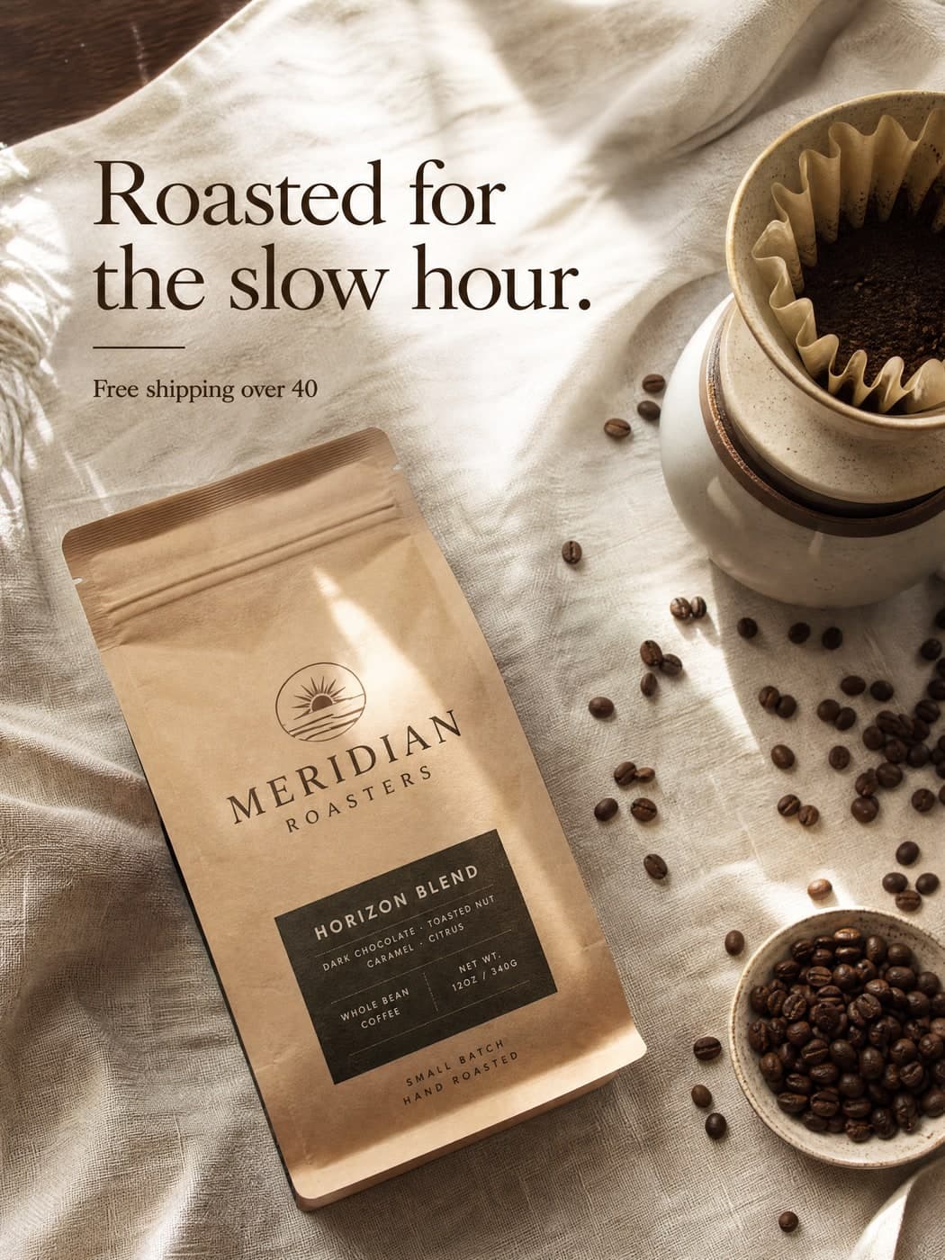 Craft coffee visual, an overhead flat lay of beans and a pour over cone