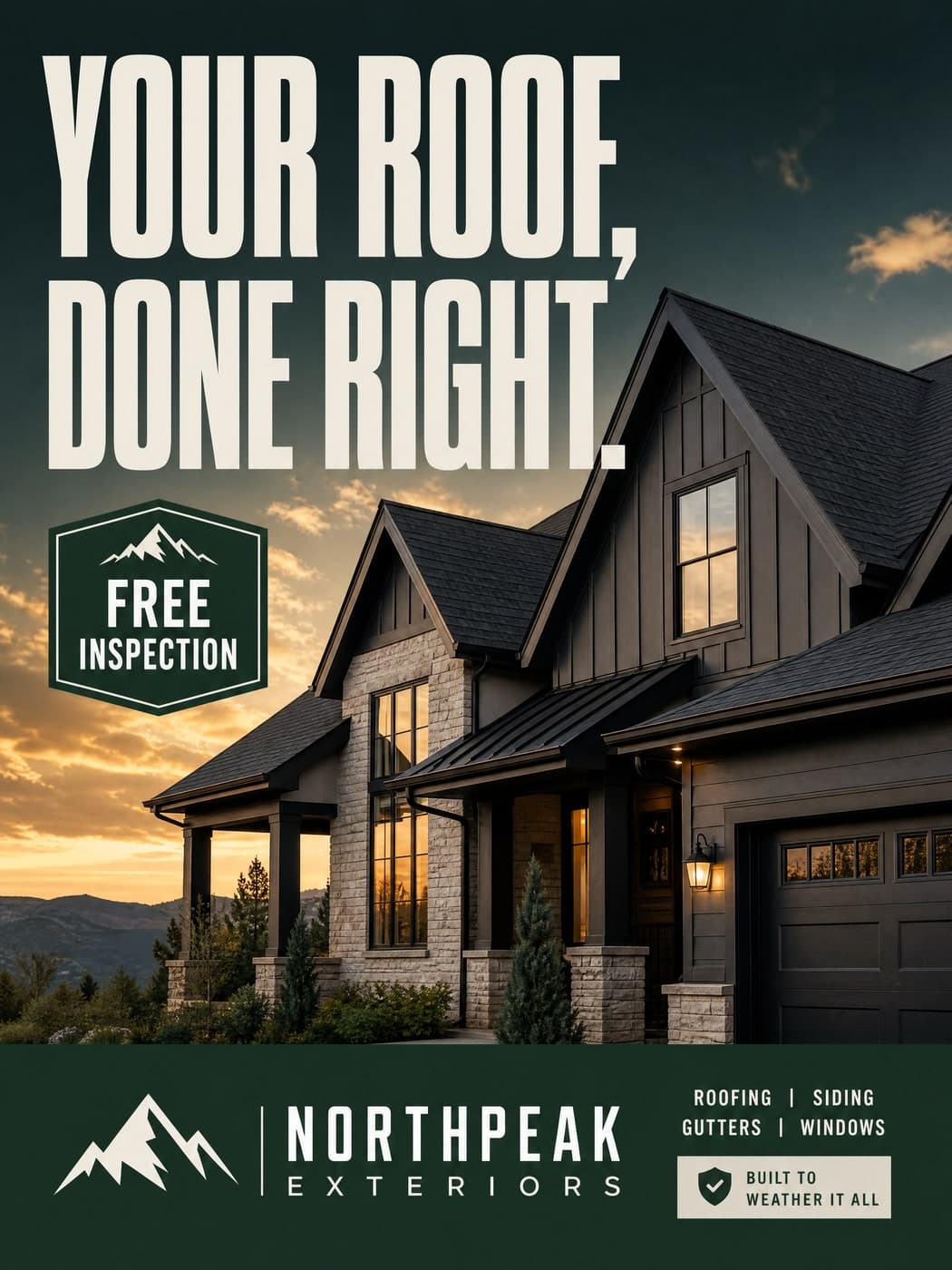 Bold roofing brand visual, modern house at golden hour with confident type