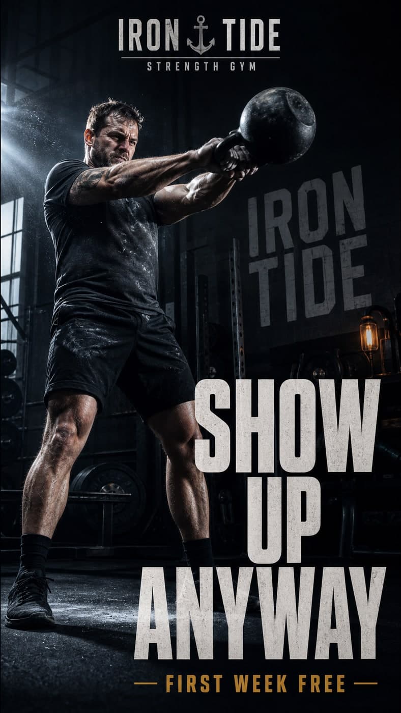 Gritty gym poster, an athlete mid kettlebell swing in hard side light