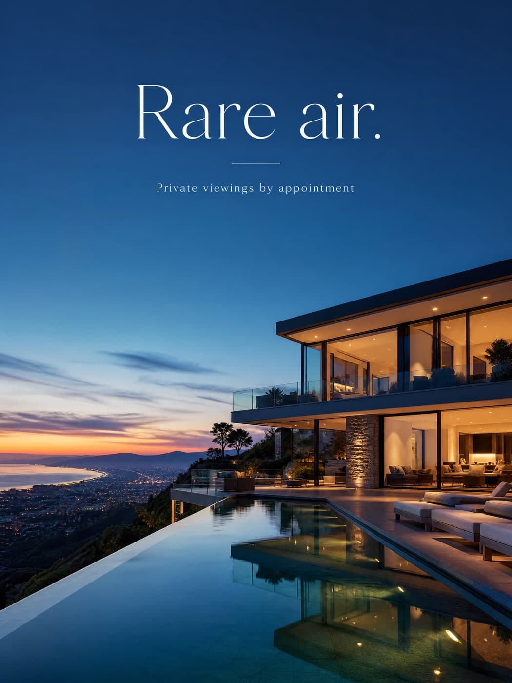 Luxury property showcase, a modern hillside house lit at blue hour