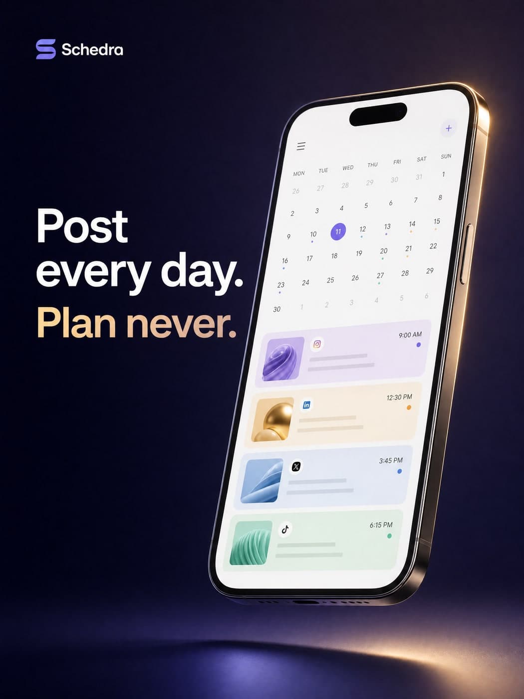 Social creative for Schedra, a phone showing a content calendar over deep indigo