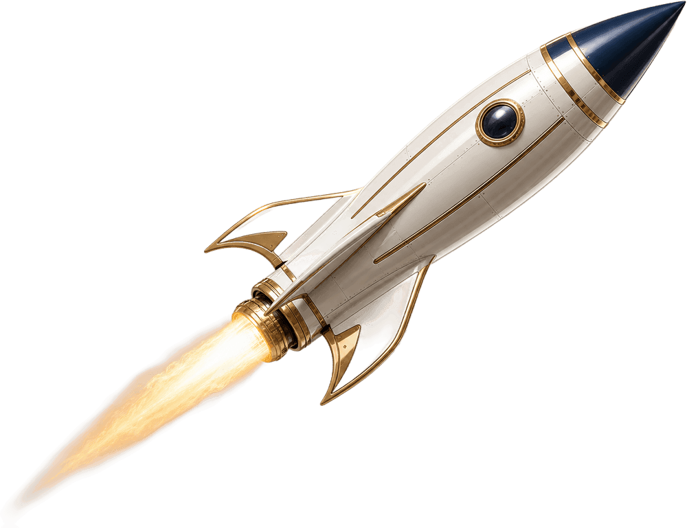 A sleek white and gold rocket climbing across the frame on a bright engine plume